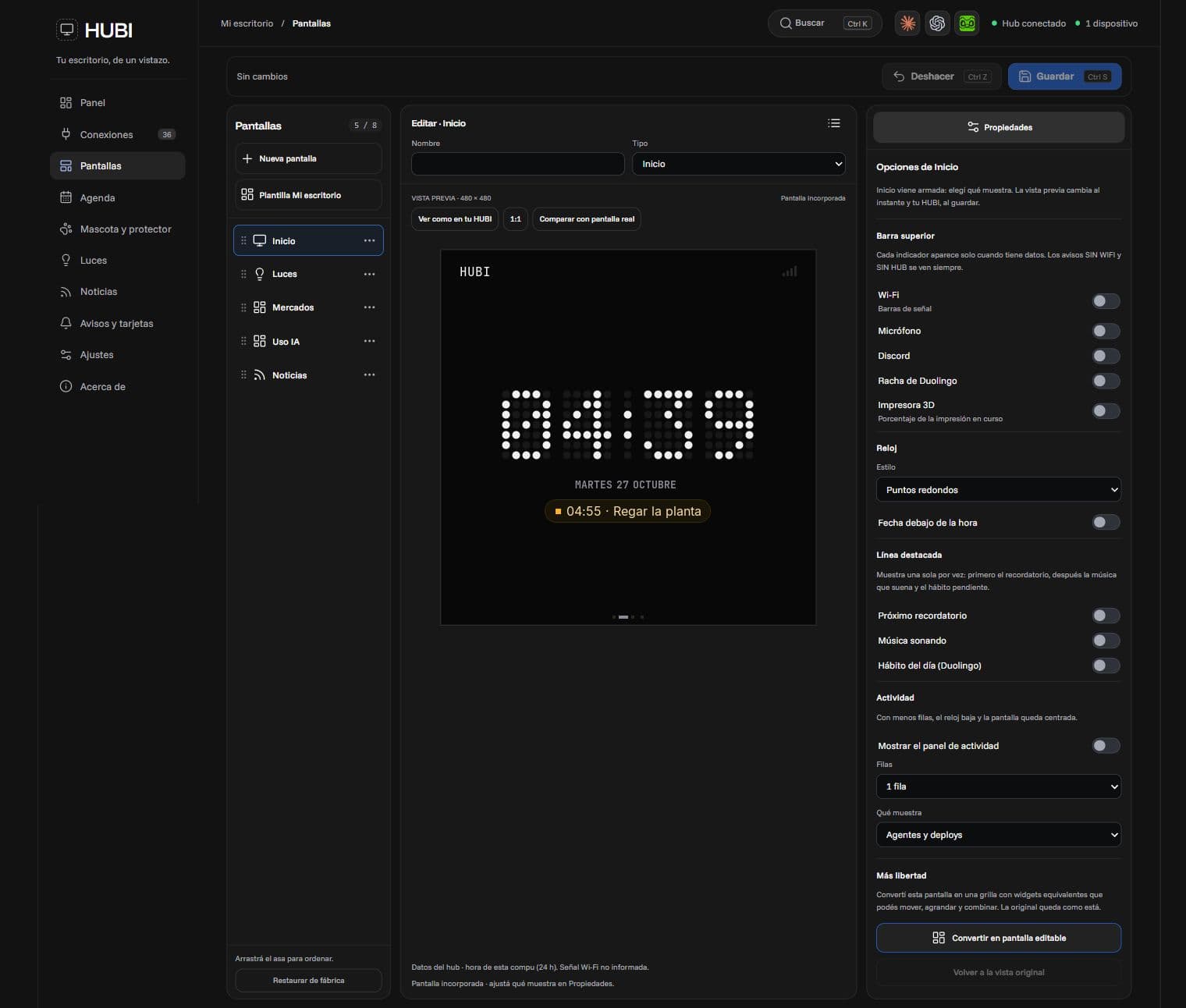 Demo pública del editor de HUBI con vista previa del dispositivo y controles de edición