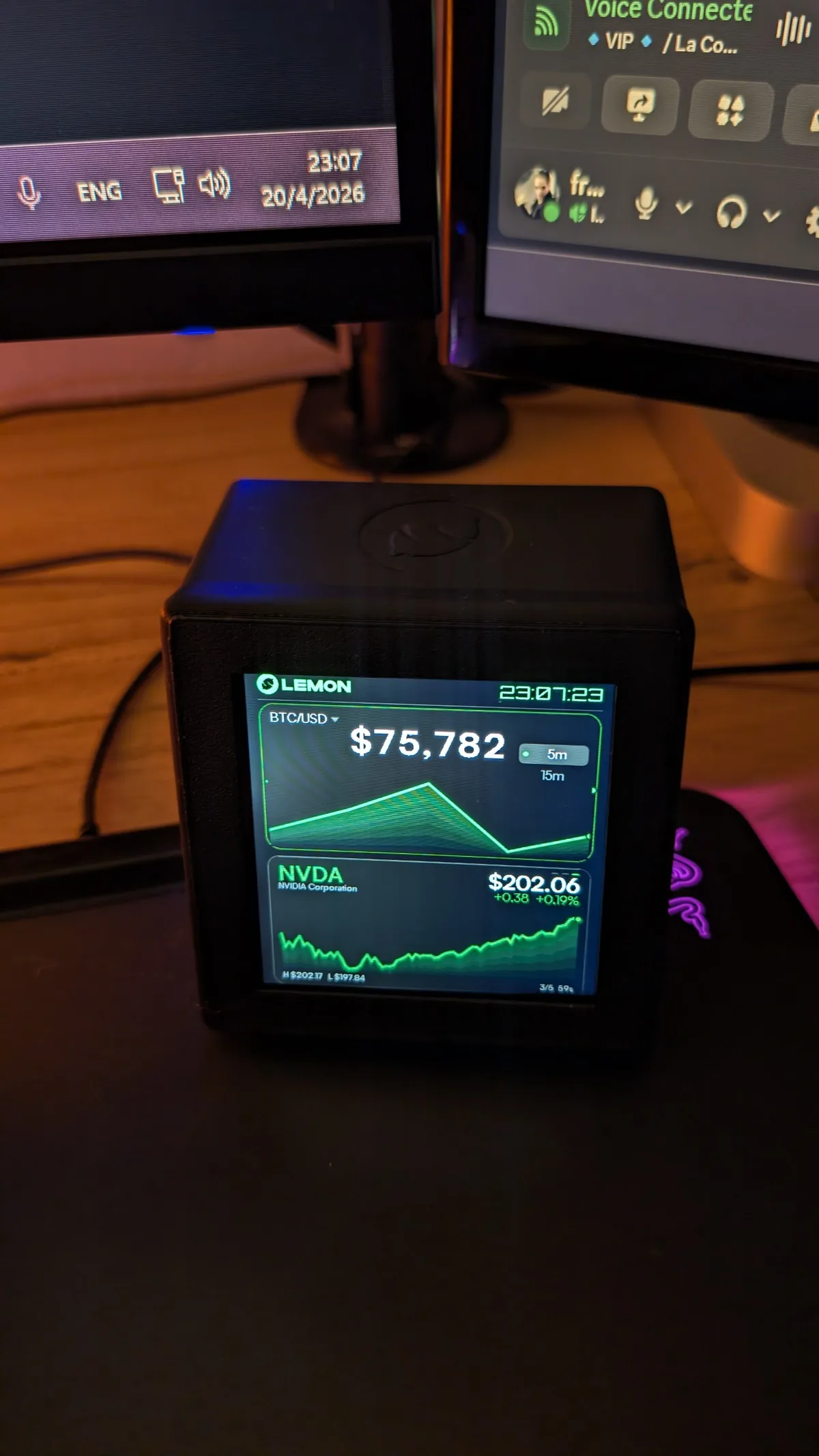 Working Lemon Box showing BTC and stock data