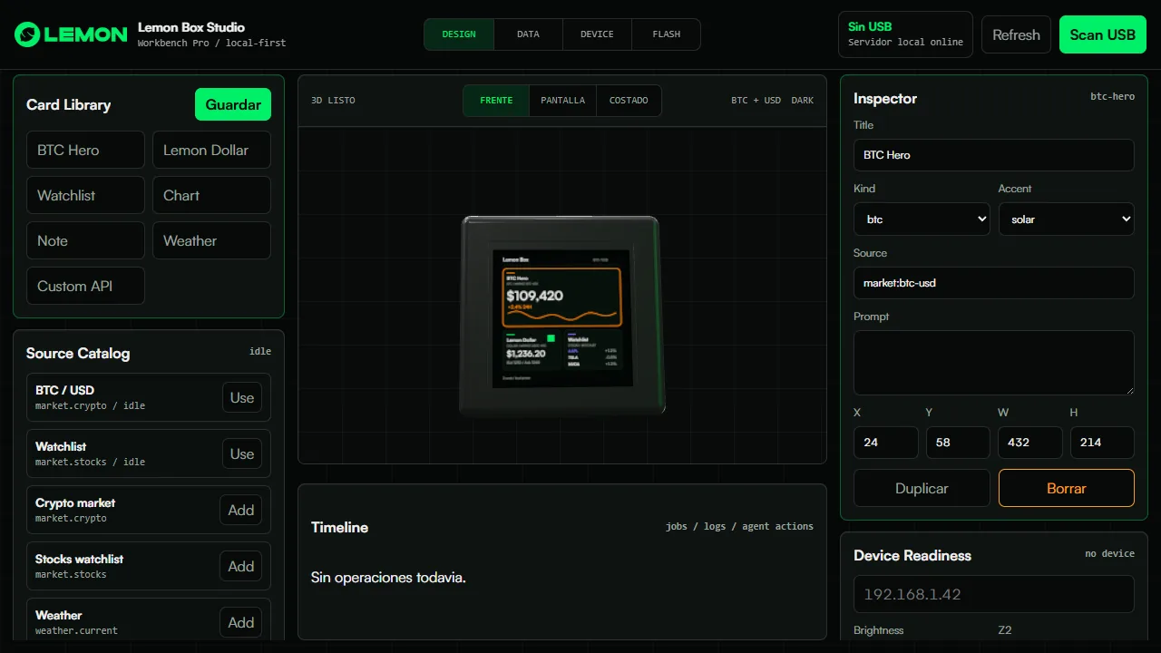 Lemon Box Studio development interface with card library, device preview, and inspector