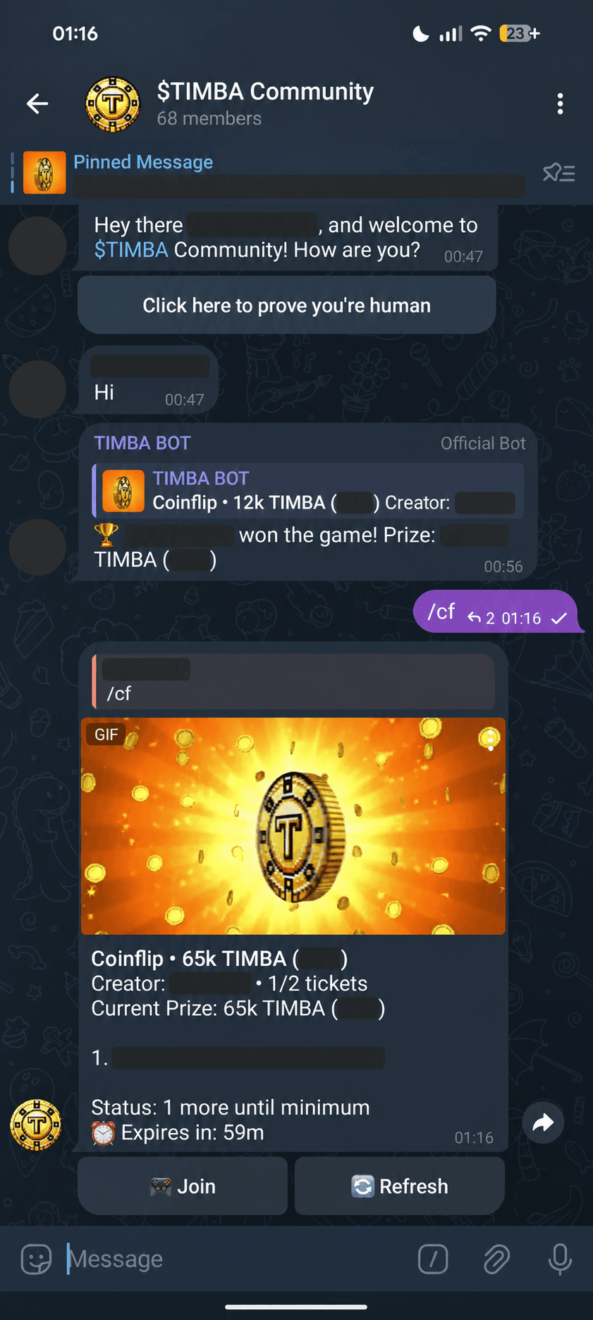 Active Timba coinflip with user details removed
