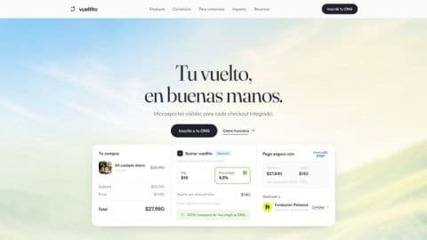 Pantalla de landing de Vueltito que explica el redondeo de compras
