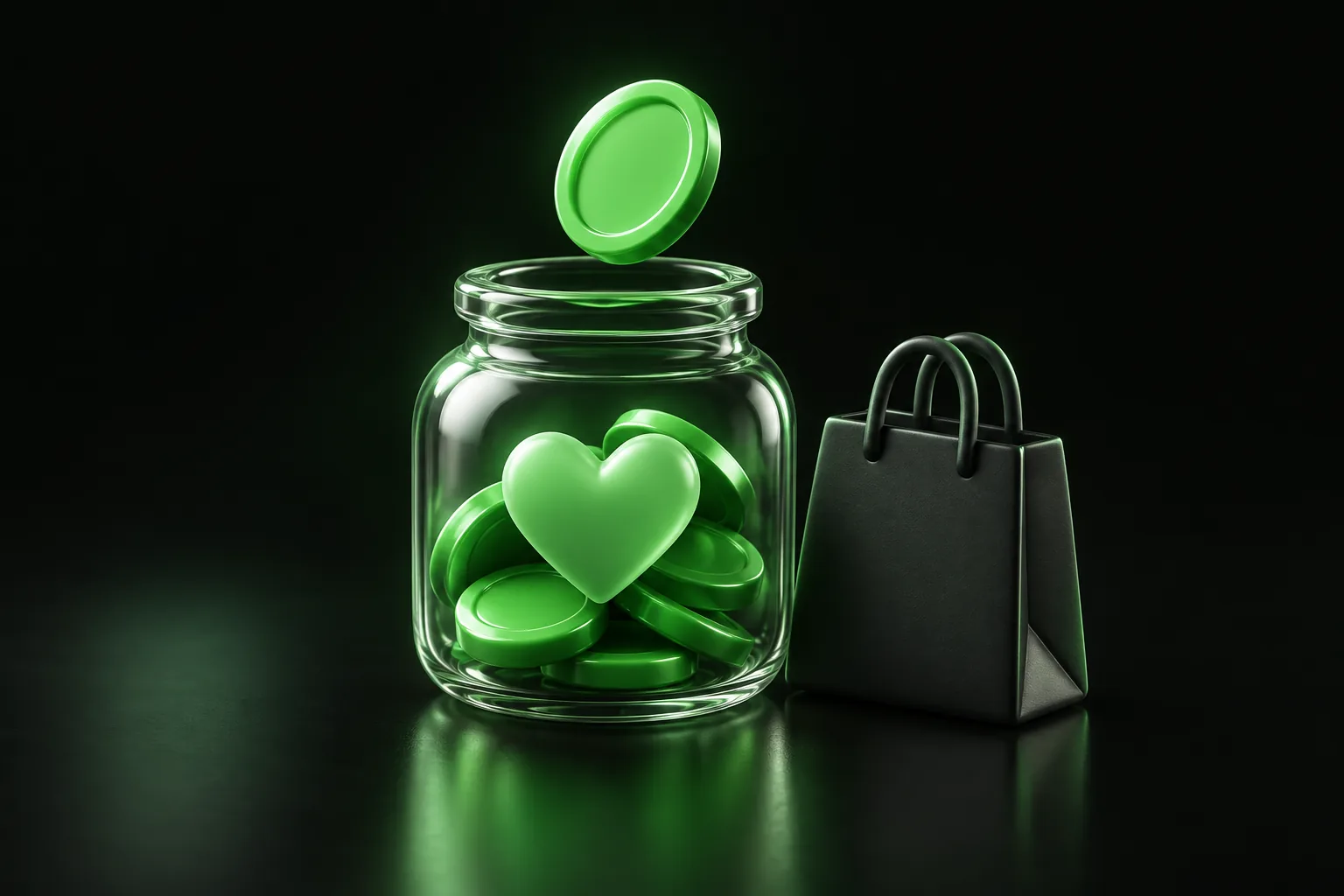 Ilustración de una moneda que cae en un frasco con un corazón junto a una bolsa de compras