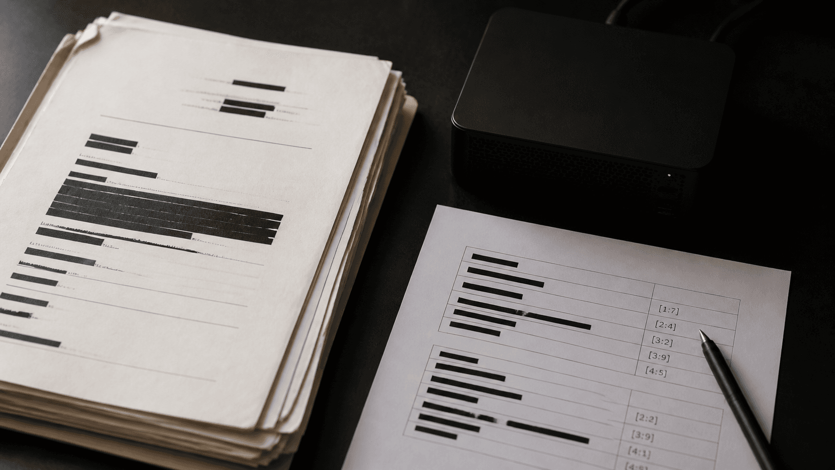 Redacted legal documents beside a local mini computer and a structured review sheet